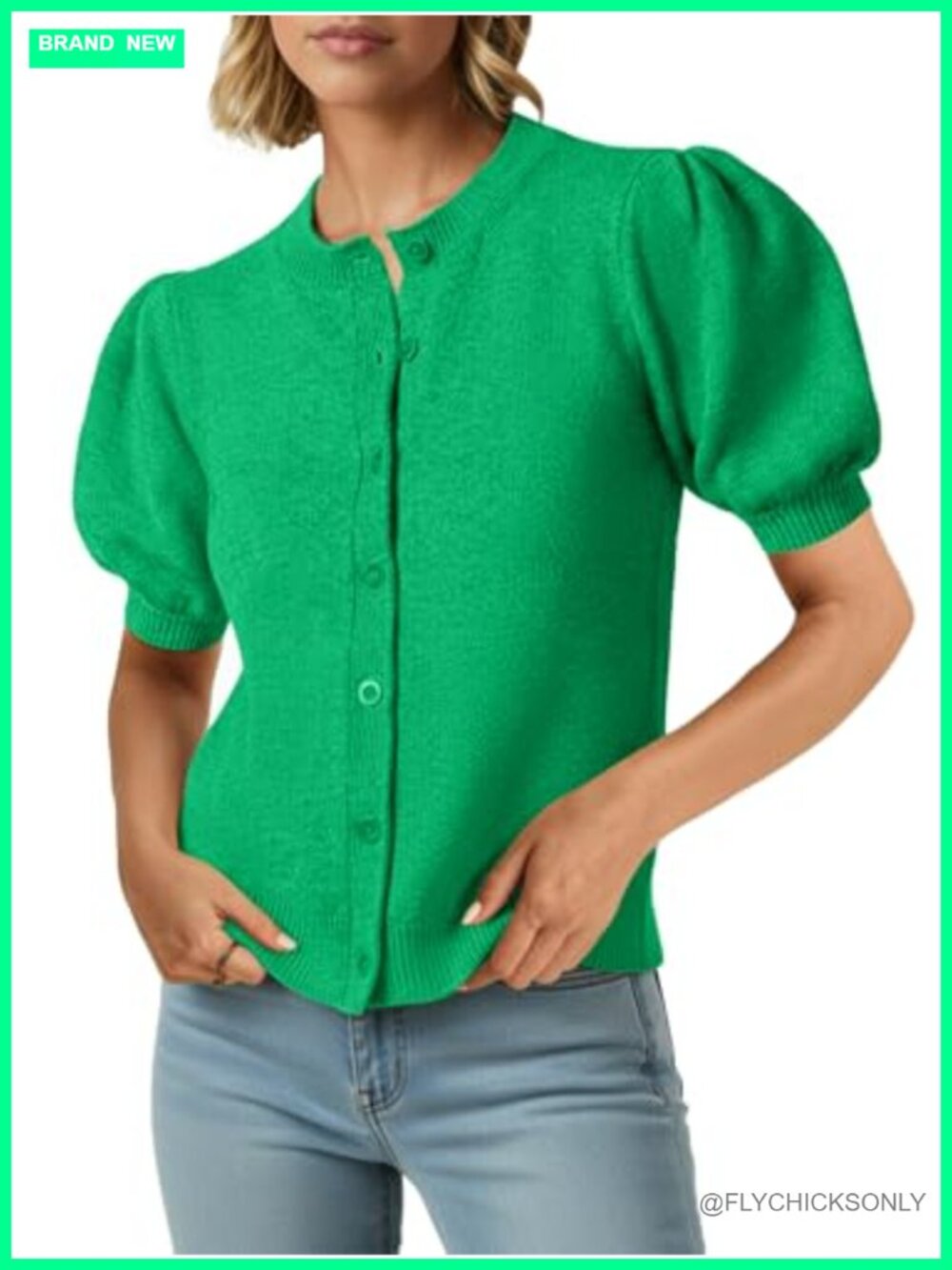 Women's Puff Short Sleeve Cardigan Sweater Lightweight Knit Button Down